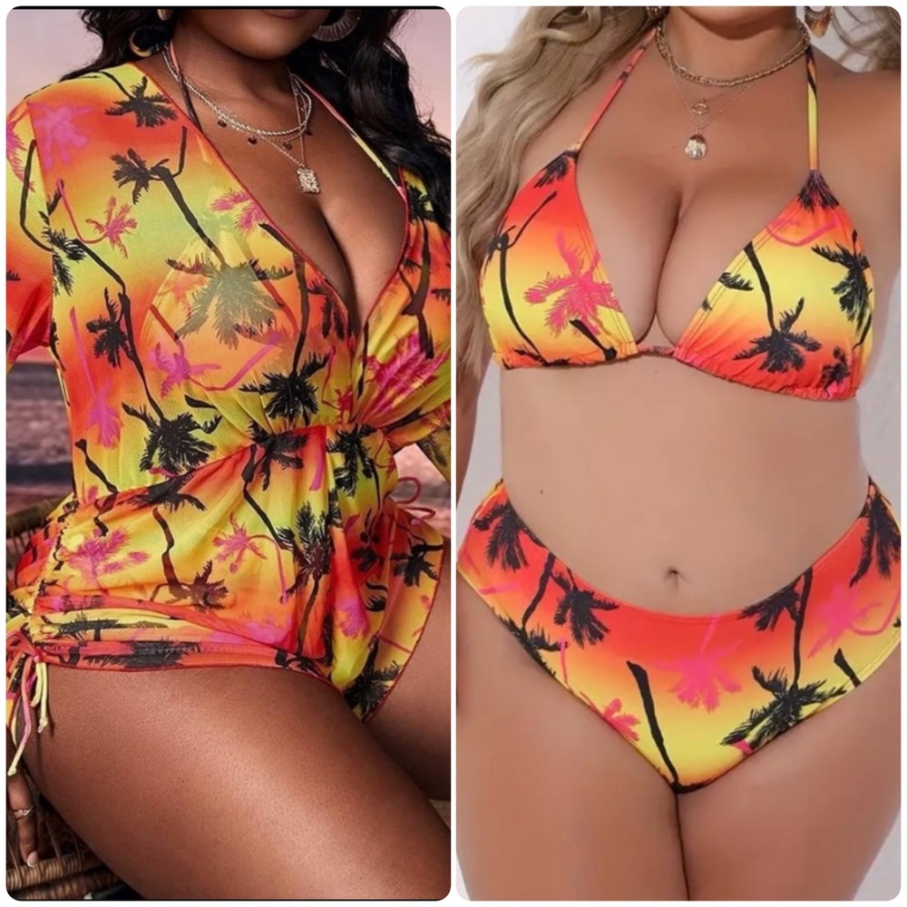 3pc Plus Size Tropical Print Halter Triangle Bikini Set with Cover Up - Picture 5 of 14